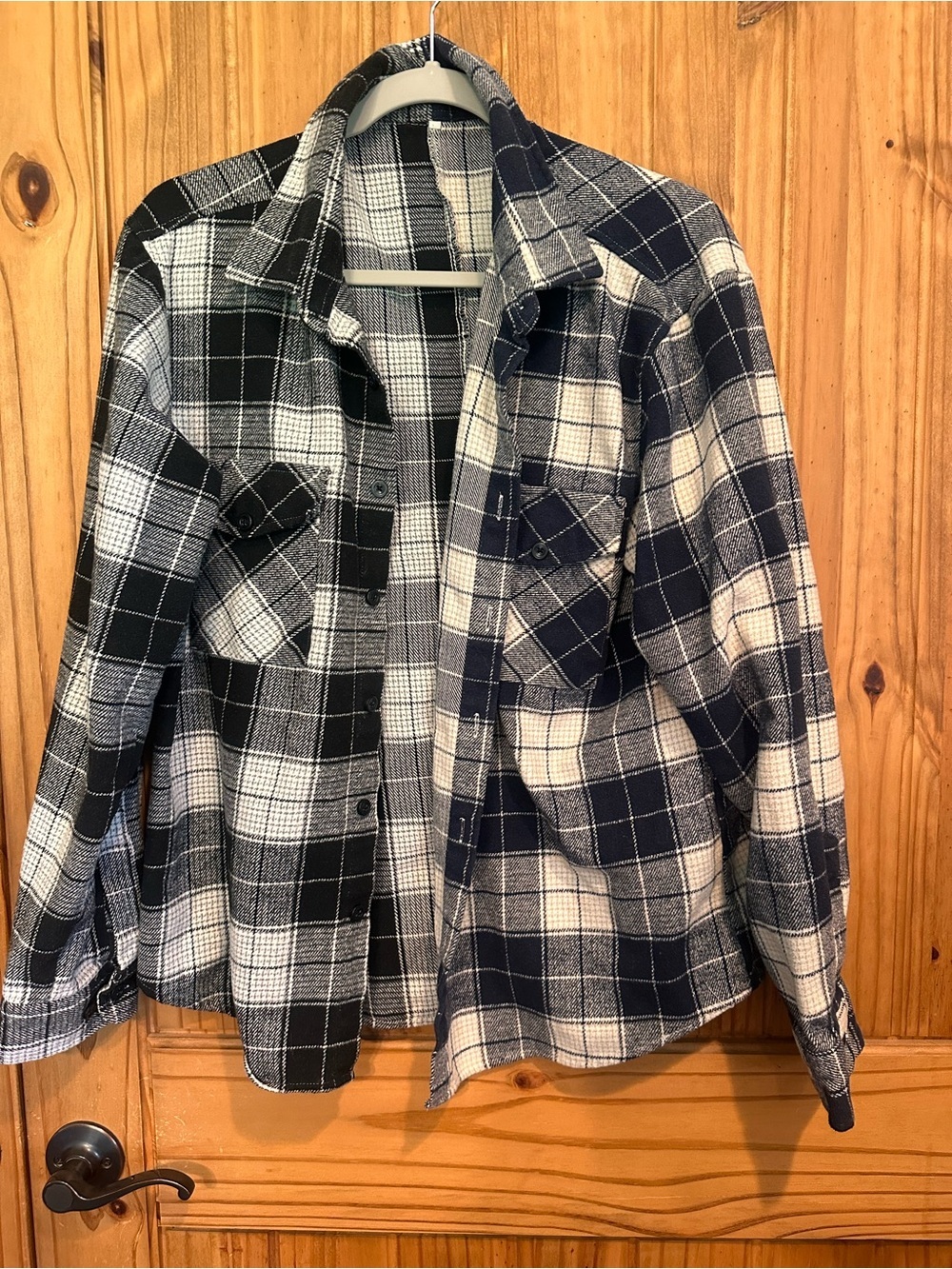 SHEIN Black White and Navy Plaid Flannel Shirt Jacket